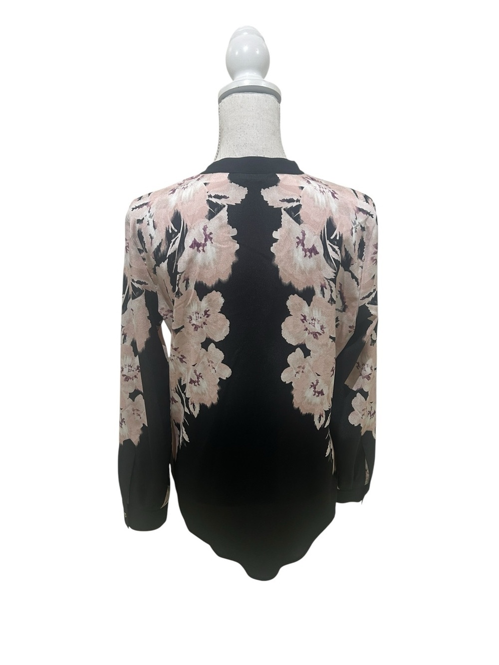 Calvin Klein Black Blouse with Blush Floral Print gold zippered front sz large - Picture 7 of 11